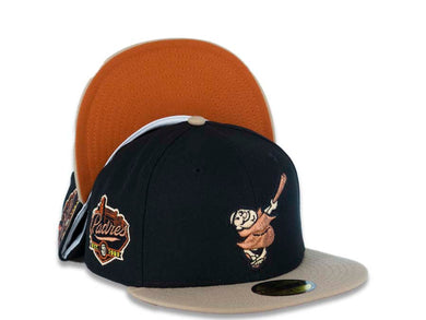 San Diego Padres New Era MLB 59FIFTY 5950 Fitted Cap Hat Black Crown Camel Visor Metallic Copper/Khaki Swinging Friar Logo Established 1969 Padres Side Patch Orange UV