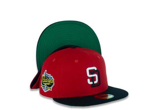 San Diego Padres New Era MLB 59FIFTY 5950 Fitted Cap Hat Red Crown Black Visor White/Black Logo Padres Est. 1969 Sidepatch Green UV