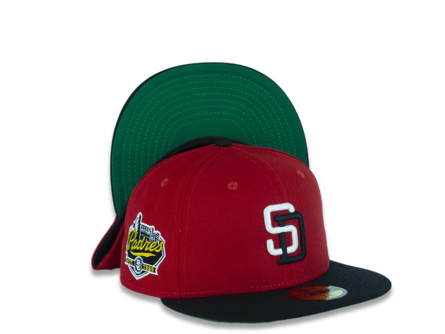 San Diego Padres New Era MLB 59FIFTY 5950 Fitted Cap Hat Red Crown Black Visor White/Black Logo Padres Est. 1969 Sidepatch Green UV