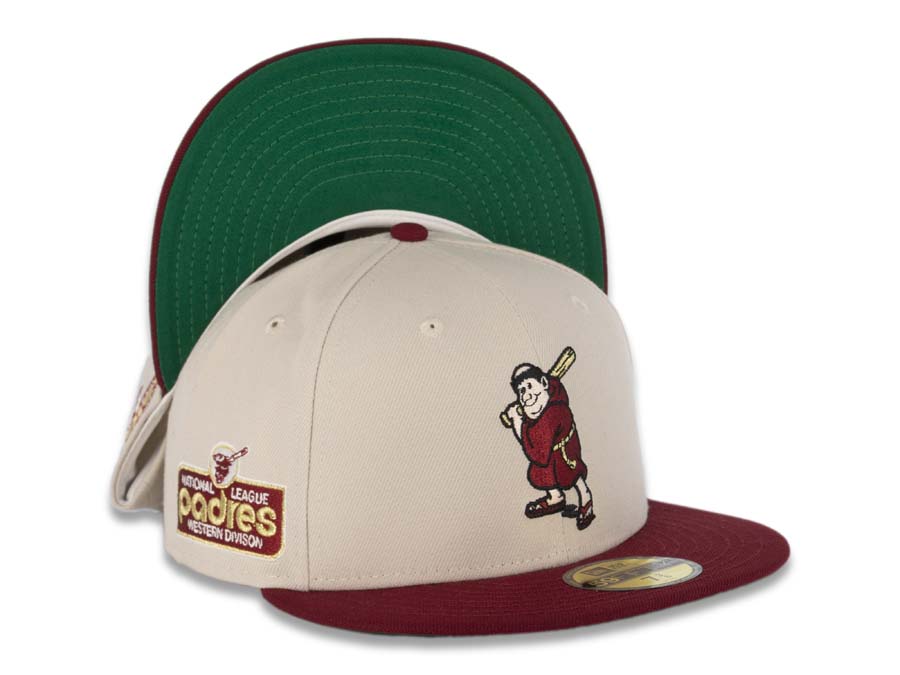 San Diego Padres New Era MLB 59FIFTY 5950 Fitted Cap Hat Stone Crown Cardinal Visor Cardinal Batting Friar Logo 40th Anniversary Side Patch Green UV