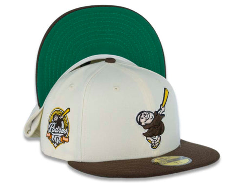 San Diego Padres New Era MLB 59FIFTY 5950 Fitted Cap Hat Chrome White Crown Brown Visor Brown/Yellow Swinging Friar Logo 40th Anniversary Side Patch Green UV