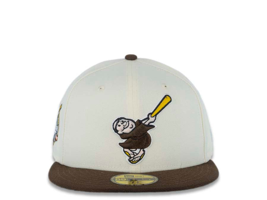 San Diego Padres New Era MLB 59FIFTY 5950 Fitted Cap Hat Yellow Crown Dark Brown Visor Dark Brown Catching Friar Logo 40th Anniversary Side Patch 7 1/