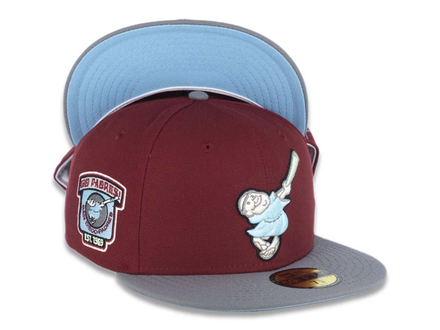 San Diego Padres New Era MLB 59FIFTY 5950 Fitted Cap Hat Brick Red Crown Gray Visor Sky Blue Swinging Friar Logo Go Padres Side Patch Sky Blue UV
