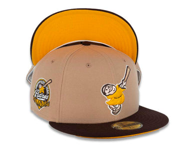 San Diego Padres New Era MLB 59FIFTY 5950 Fitted Cap Hat Khaki Crown Dark Brown Visor Yellow/Khaki Swinging Friar Logo 40th Anniversary Side Patch Yellow UV