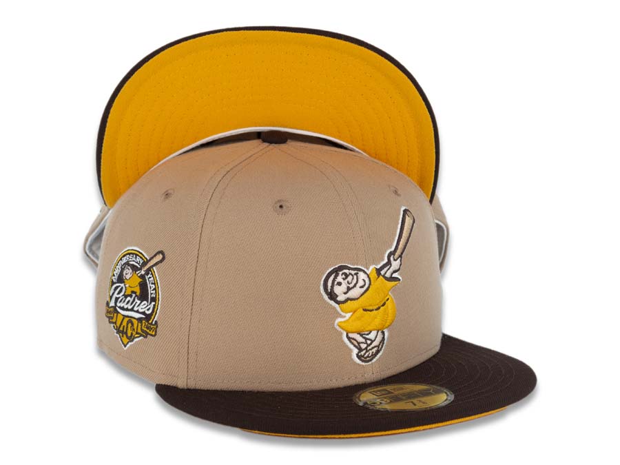 San Diego Padres New Era MLB 59FIFTY 5950 Fitted Cap Hat Khaki Crown Dark Brown Visor Yellow/Khaki Swinging Friar Logo 40th Anniversary Side Patch Yellow UV