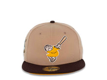 Load image into Gallery viewer, San Diego Padres New Era MLB 59FIFTY 5950 Fitted Cap Hat Khaki Crown Dark Brown Visor Yellow/Khaki Swinging Friar Logo 40th Anniversary Side Patch Yellow UV
