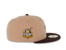 Load image into Gallery viewer, San Diego Padres New Era MLB 59FIFTY 5950 Fitted Cap Hat Khaki Crown Dark Brown Visor Yellow/Khaki Swinging Friar Logo 40th Anniversary Side Patch Yellow UV
