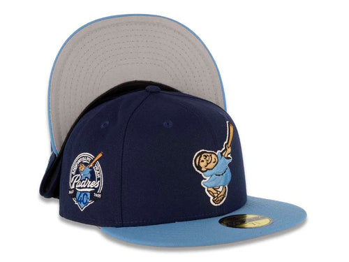 San Diego Padres New Era MLB 59FIFTY 5950 Fitted Cap Hat Navy Crown Sky Blue Visor Sky Blue/Tan Swinging Friar Logo 40th Anniversary Side Patch Gray UV