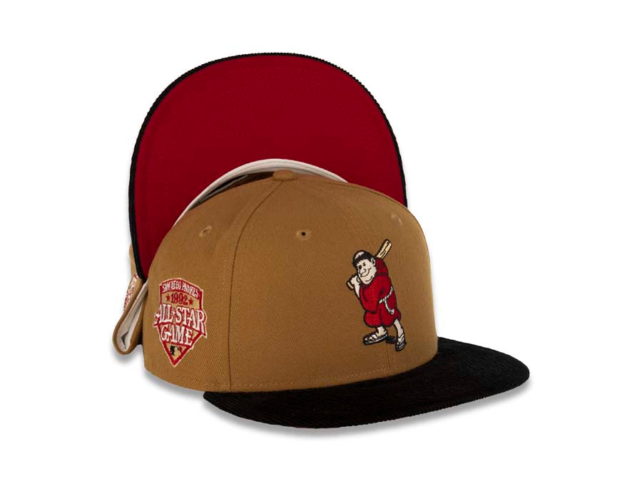 San Diego Padres New Era MLB 59FIFTY 5950 Fitted Cap Hat Light Bronze Brown Crown Black Corduroy Visor Red/Peach Batting Friar Logo 1992 All-Star Game Side Patch Red UV