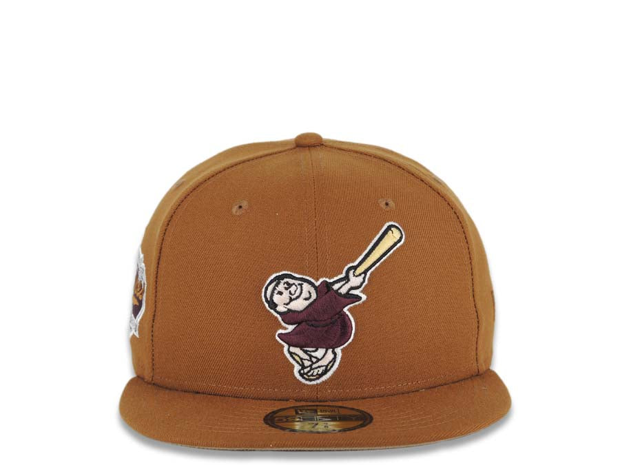 San Diego Padres New Era MLB 59FIFTY 5950 Fitted Cap Hat Light Brown Crown/Visor Maroon/Yellow Swinging Friar Logo Established 1969 Side Patch 7 1/8