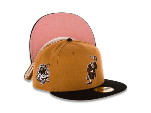 San Diego Padres New Era MLB 59FIFTY 5950 Fitted Cap Hat Panama Tan Crown Black Visor Brown/Pink Catching Friar Logo 40th Anniversary Side Patch Pink UV
