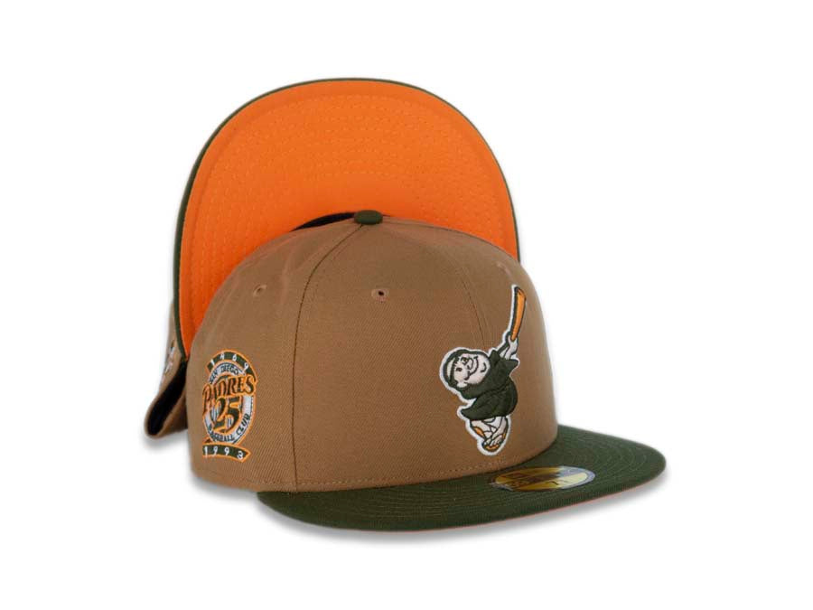 San Diego Padres New Era MLB 59FIFTY 5950 Fitted Cap Hat Wheat Crown Green Visor Green/Orange Swinging Friar Logo 25th Anniversary Side Patch Orange UV