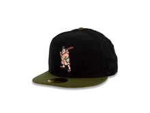 Load image into Gallery viewer, (Corduroy Crown) San Diego Padres New Era MLB 59FIFTY 5950 Fitted Cap Hat Black Crown Green Visor Batting Friar Logo 25th Anniversary Side Patch Peach
