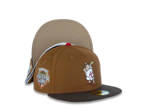 San Diego Padres New Era MLB 59FIFTY 5950 Fitted Cap Hat Dark Tan Crown Brown Visor Chrome/Red Batting Friar Logo 1992 All-Star Game Side Patch Khaki UV