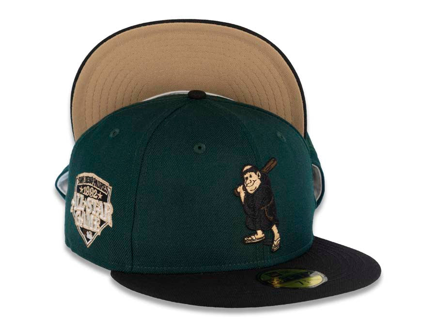 San Diego Padres New Era MLB 59FIFTY 5950 Fitted Cap Hat Dark Green Crown Black Visor Black/Brown Batting Friar Logo 1992 All-Star Game Side Patch