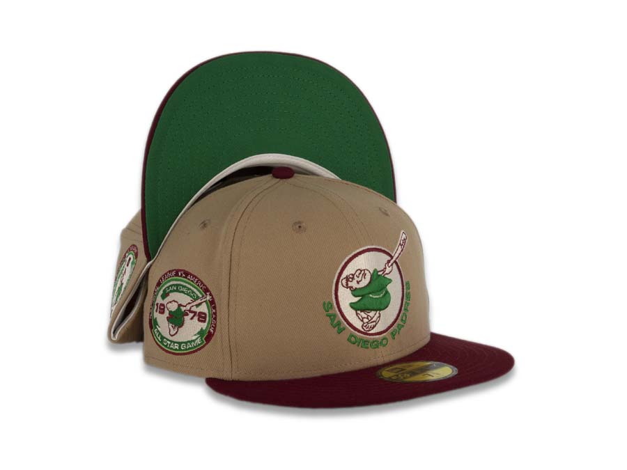 San Diego Padres New Era MLB 59FIFTY 5950 Fitted Cap Hat Khaki Crown Cardinal Visor Green/Ivory Swinging Friar Logo 1978 All-Star Game Side Patch