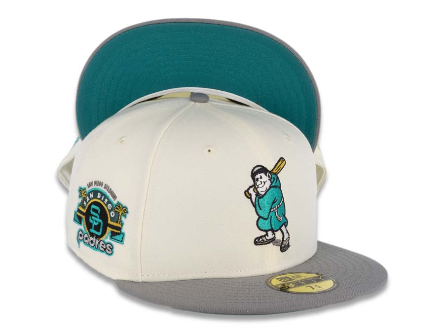 San Diego Padres New Era MLB 59FIFTY 5950 Fitted Cap Hat Chrome White Crown Gray Visor Teal/Gold Batting Friar Logo Stadium Side Patch Teal UV
