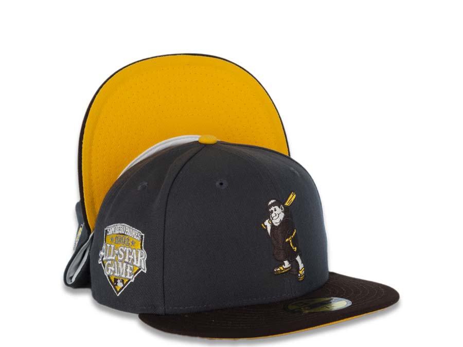 San Diego Padres New Era MLB 59FIFTY 5950 Fitted Cap Hat Dark Gray Crown Dark Brown Visor Dark Brown/Yellow Logo 1992 All-Star Game Side Patch Yellow UV