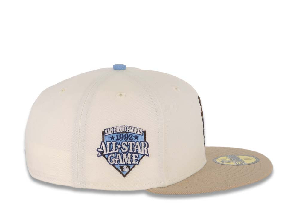 San Diego Padres New Era MLB 59FIFTY 5950 Fitted Cap Hat Cream Crown Navy Blue Visor Navy/Metallic Silver/Orange Script Logo 25th Anniversary Side