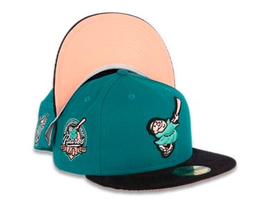 (Corduroy Visor) San Diego Padres New Era MLB 59FIFTY 5950 Fitted Cap Hat Aqua Crown Black Corduory Visor Aqua/Peach Swinghing Friar Logo 40th Anniversary Side Patch Peach UV