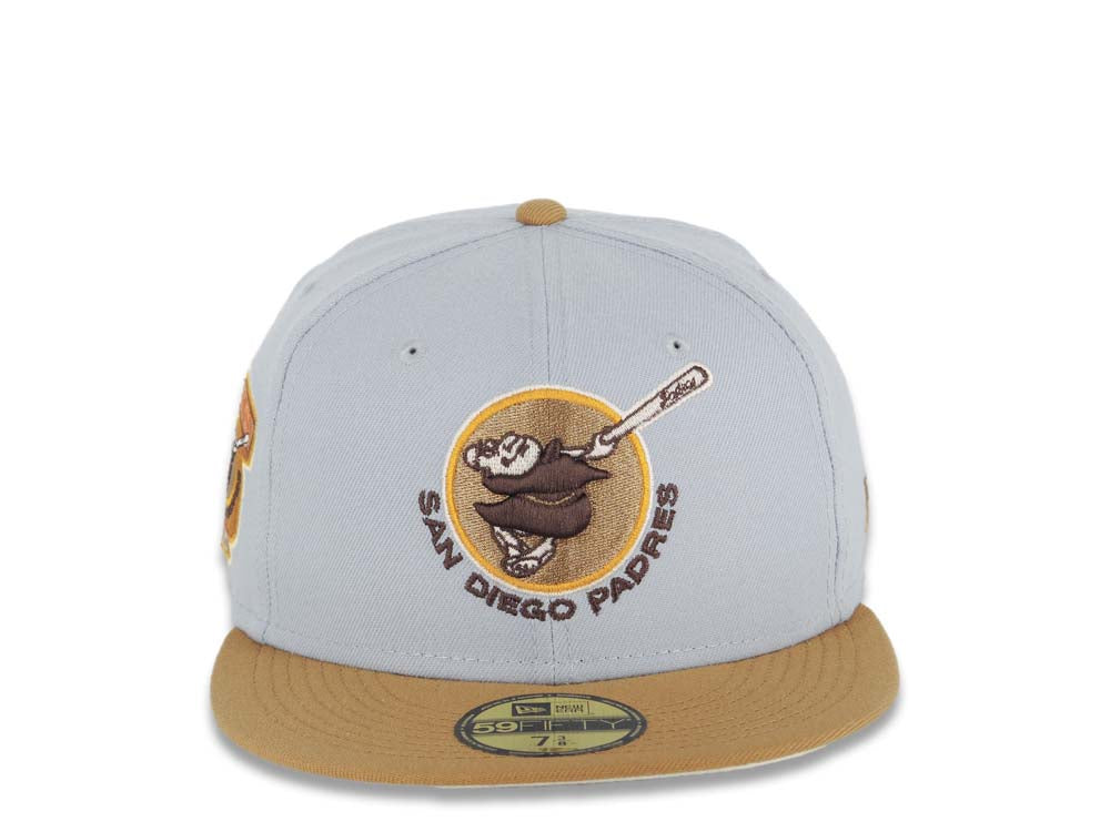 San Diego Padres New Era MLB 59FIFTY 5950 Fitted Cap Hat Black Crown/Visor Maroon/Pineapple Gold Swinging Friar Logo 25th Anniversary Side Patch 7