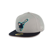 Load image into Gallery viewer, San Diego Padres New Era MLB 59FIFTY 5950 Fitted Cap Hat Gray Crown Dark Navy Visor Dark Navy/Peach Swinghing Friar Logo 40th Anniversary Side Patch Peach UV
