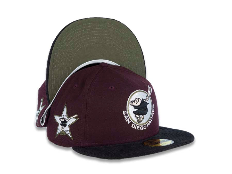 (Corduroy Visor) San Diego Padres New Era MLB 59FIFTY 5950 Fitted Cap Hat Maroon Crown Black Corduory Visor Black/White Round Swinging Friar Logo 1978 All-Star Game Side Patch Olive UV 