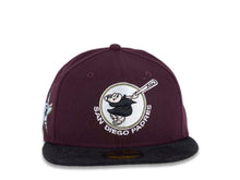 Load image into Gallery viewer, (Corduroy Visor) San Diego Padres New Era MLB 59FIFTY 5950 Fitted Cap Hat Maroon Crown Black Corduory Visor Black/White Round Swinging Friar Logo 1978 All-Star Game Side Patch Olive UV 
