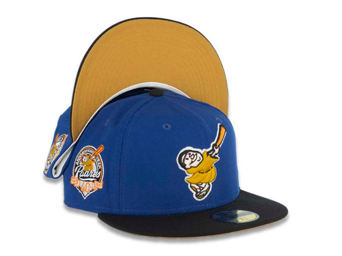 San Diego Padres New Era MLB 59FIFTY 5950 Fitted Cap Hat Light Royal Blue Crown Black Visor Gold/Orange Swinging Friar Logo 40th Anniversary Side Patch Tan UV