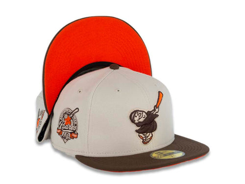 San Diego Padres New Era MLB 59FIFTY 5950 Fitted Cap Hat Stone White Crown Brown Visor Brown/Orange Swinging Friar Logo 40th Anniversary Side Patch Orange UV