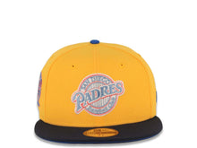 Load image into Gallery viewer, San Diego Padres New Era MLB 59FIFTY 5950 Fitted Cap Hat Yellow Crown Navy Visor Sky Blue Baseball Club Logo 25th Anniversary Side Patch Royal UV
