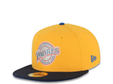 Load image into Gallery viewer, San Diego Padres New Era MLB 59FIFTY 5950 Fitted Cap Hat Yellow Crown Navy Visor Sky Blue Baseball Club Logo 25th Anniversary Side Patch Royal UV
