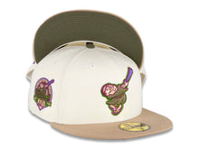 Load image into Gallery viewer, San Diego Padres New Era MLB 59FIFTY 5950 Fitted Cap Hat Chrome White Crown Light Khaki Visor Olive/Purple Swining Friar Logo 40th Anniversary Side Patch Olive UV
