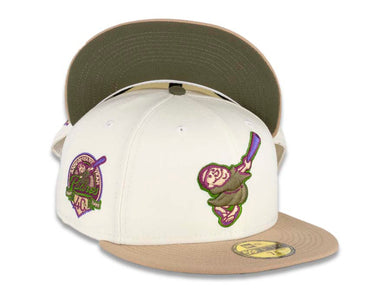 San Diego Padres New Era MLB 59FIFTY 5950 Fitted Cap Hat Chrome White Crown Light Khaki Visor Olive/Purple Swining Friar Logo 40th Anniversary Side Patch Olive UV