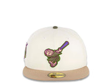 Load image into Gallery viewer, San Diego Padres New Era MLB 59FIFTY 5950 Fitted Cap Hat Chrome White Crown Light Khaki Visor Olive/Purple Swining Friar Logo 40th Anniversary Side Patch Olive UV
