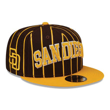 Load image into Gallery viewer, San Diego Padres New Era MLB 9FIFTY 950 Snapback Cap Hat Brown Pinstripes Crown Yellow Visor Yellow/White Text Logo (City Arch)
