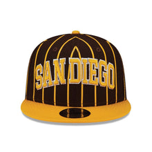 Load image into Gallery viewer, San Diego Padres New Era MLB 9FIFTY 950 Snapback Cap Hat Brown Pinstripes Crown Yellow Visor Yellow/White Text Logo (City Arch)
