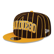 Load image into Gallery viewer, San Diego Padres New Era MLB 9FIFTY 950 Snapback Cap Hat Brown Pinstripes Crown Yellow Visor Yellow/White Text Logo (City Arch)
