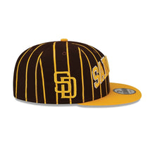 Load image into Gallery viewer, San Diego Padres New Era MLB 9FIFTY 950 Snapback Cap Hat Brown Pinstripes Crown Yellow Visor Yellow/White Text Logo (City Arch)
