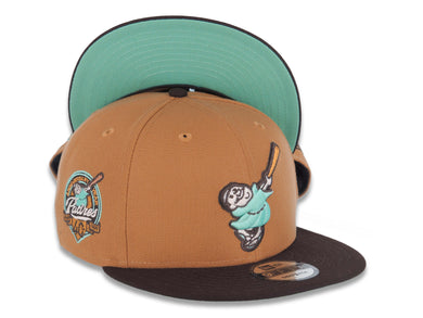 San Diego Padres New Era MLB 9FIFTY 950 Snapback Cap Hat Light Brown Crown Dark Brown Visor Light Teal/Tan Swinging Friar Logo 40th Anniversary Side Patch
