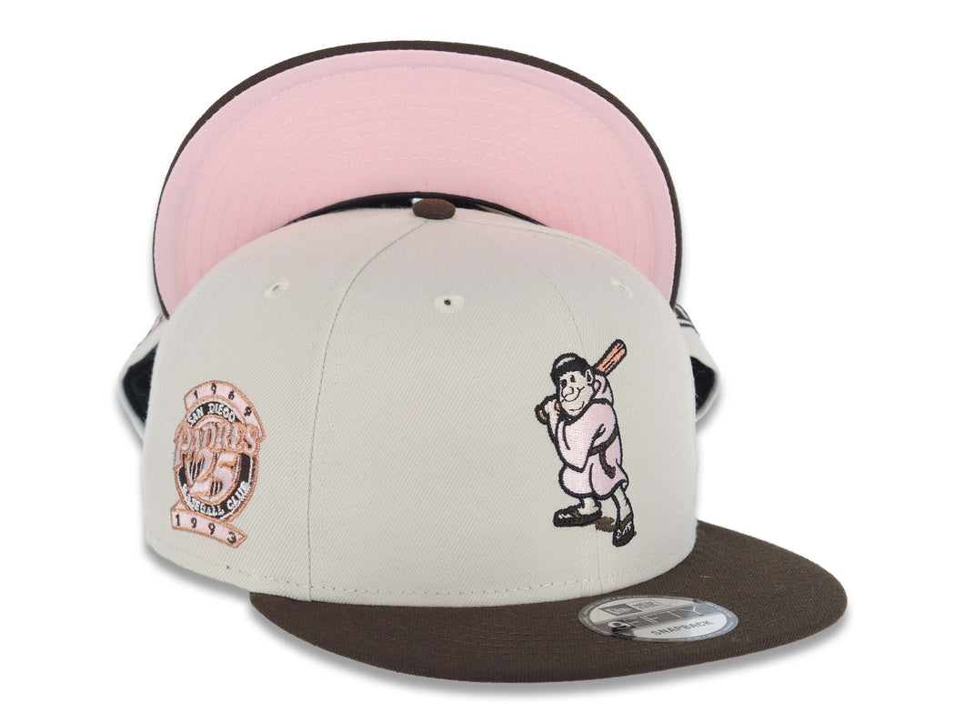 San Diego Padres New Era MLB 9FIFTY 950 Snapback Cap Hat Stone Crown Brown Visor Pink/Metallic Brown Logo 25th Anniversary Side Patch Pink UV