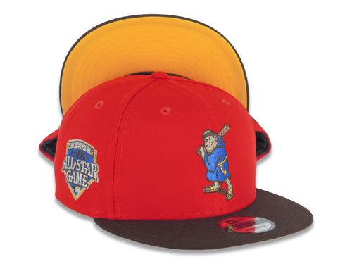 San Diego Padres New Era MLB 9FIFTY 950 Snapback Cap Hat Red Crown Dark Brown Visor Blue/Metallic Brown Logo 1992 All-Star Game Side Patch Yellow UV