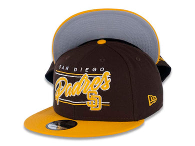 San Diego Padres New Era MLB 9FIFTY 950 Snapback Cap Hat Dark Brown Crown Yellow Visor Yellow Team Color Script Logo Gray UV