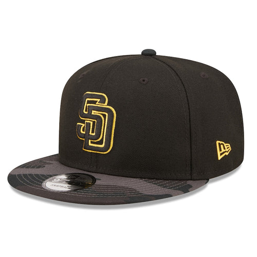 San Diego Padres New Era MLB 9FIFTY 950 Snapback Cap Hat Black Crown Black Camo Visor Black/Yellow Logo Dark Gray UV