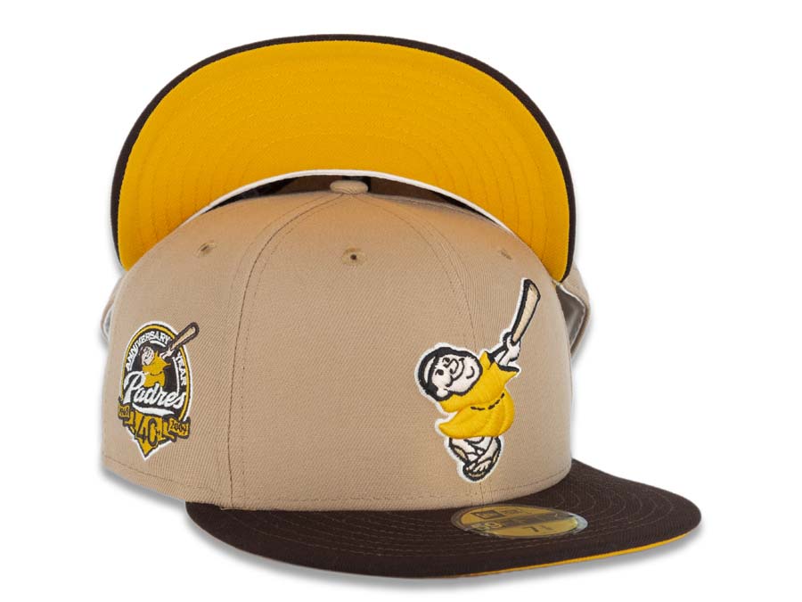 San Diego Padres New Era MLB 59FIFTY 5950 Fitted Cap Hat Camel Crown Dark Brown Visor Yellow/Khaki Logo 40th Anniversary Side Patch Yellow UV 