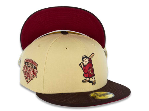 San Diego Padres New Era MLB 5950 Fitted Cap Hat Vegas Gold Crown Dark Brown Visor Cardinal/Khaki Batting Friar Logo 1992 All-Star Game Side Patch Cardinal UV