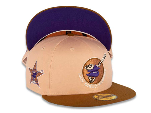 San Diego Padres New Era MLB 59FIFTY 5950 Fitted Cap Hat Peach Crown Brown Visor Purple Swinging Friar Logo 1992 All-Star Game Side Patch Purple UV