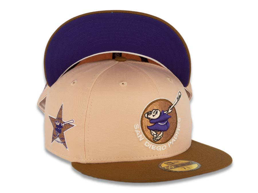 San Diego Padres New Era MLB 59FIFTY 5950 Fitted Cap Hat Peach Crown Brown Visor Purple Swinging Friar Logo 1992 All-Star Game Side Patch Purple UV