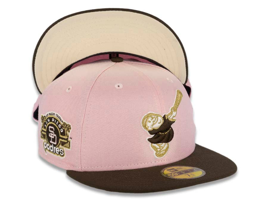 San Diego Padres New Era MLB 59FIFTY 5950 Fitted Cap Hat Pink Crown Brown Visor Brown/Metallic Gold Swinging Friar Logo Stadium Side Patch Cream UV