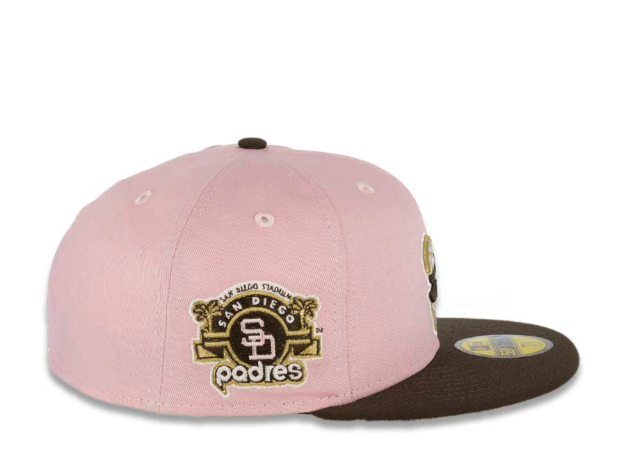 San Diego Padres New Era MLB 59FIFTY 5950 Fitted Cap Hat Cream Crown Light Brown Visor Brown/Pink Catching Friar Logo 40th Anniversary Side Patch 7 7/